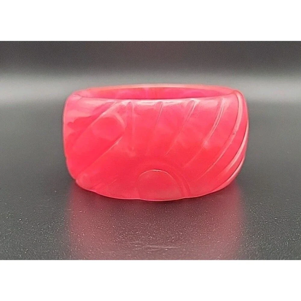 Vintage Chunky Bangle Bracelet Lot 3 Pink Tiger Lucite Carved Resin Wood Leaf